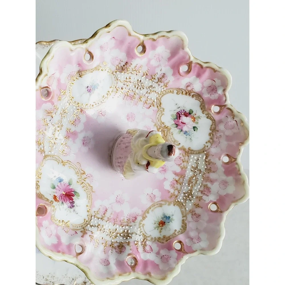 Trinket Dish Pink Floral Figurine Tiered Jewelry Stand Vintage Gold Gilt Shabby